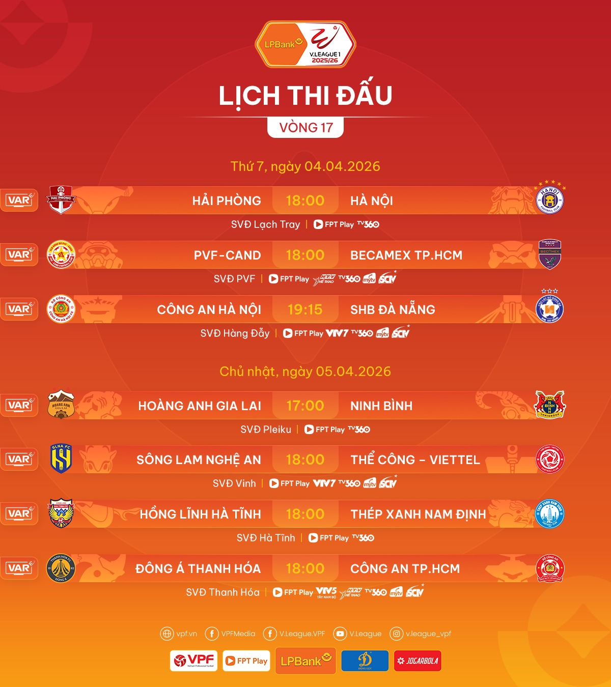 Lịch thi đấu vòng 17 V-League: 